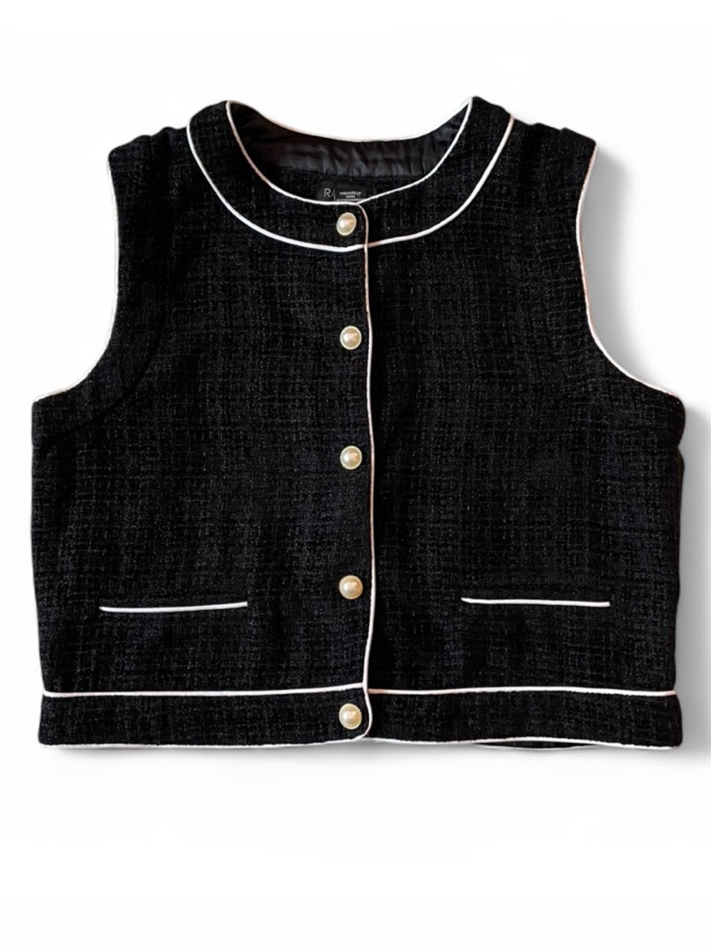 Rachel Zoe size 12 Classic Black Tweed cropped Vest with White Piping